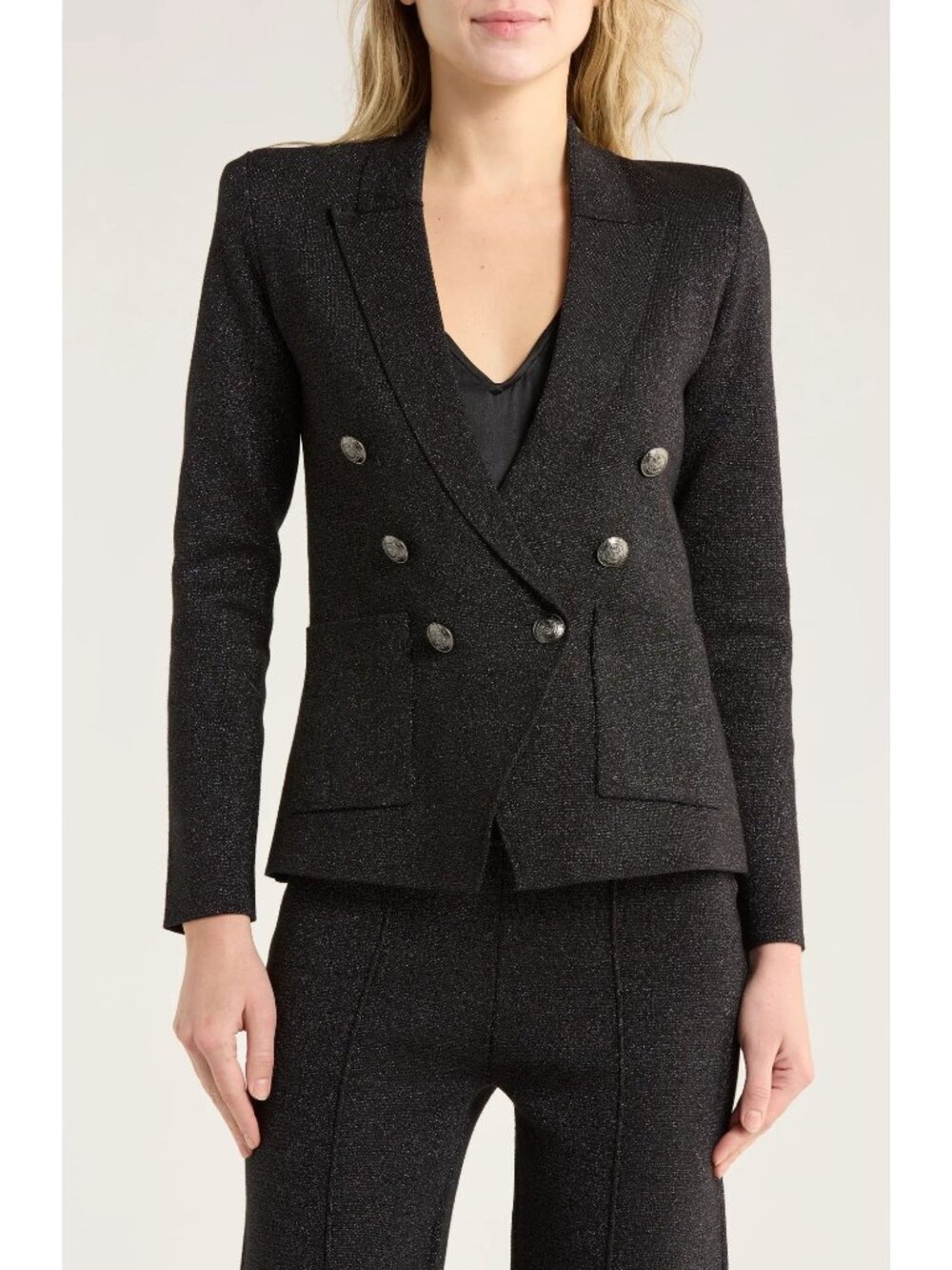 NWT $525 L'Agence Knezie Metallic Double Breasted Knit Blazer Black Size Small